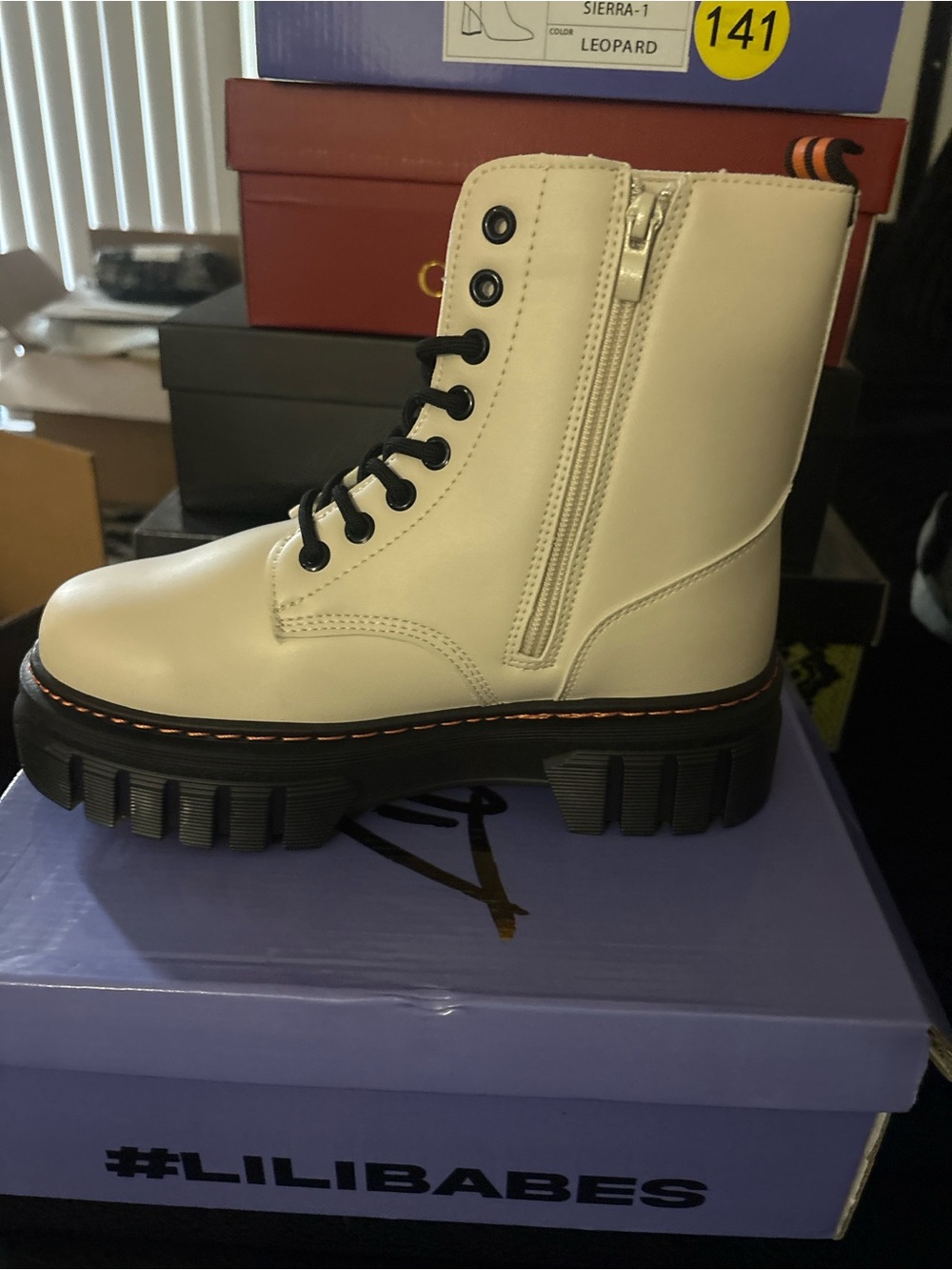 Women's Cream Combat Boot with Side Zip